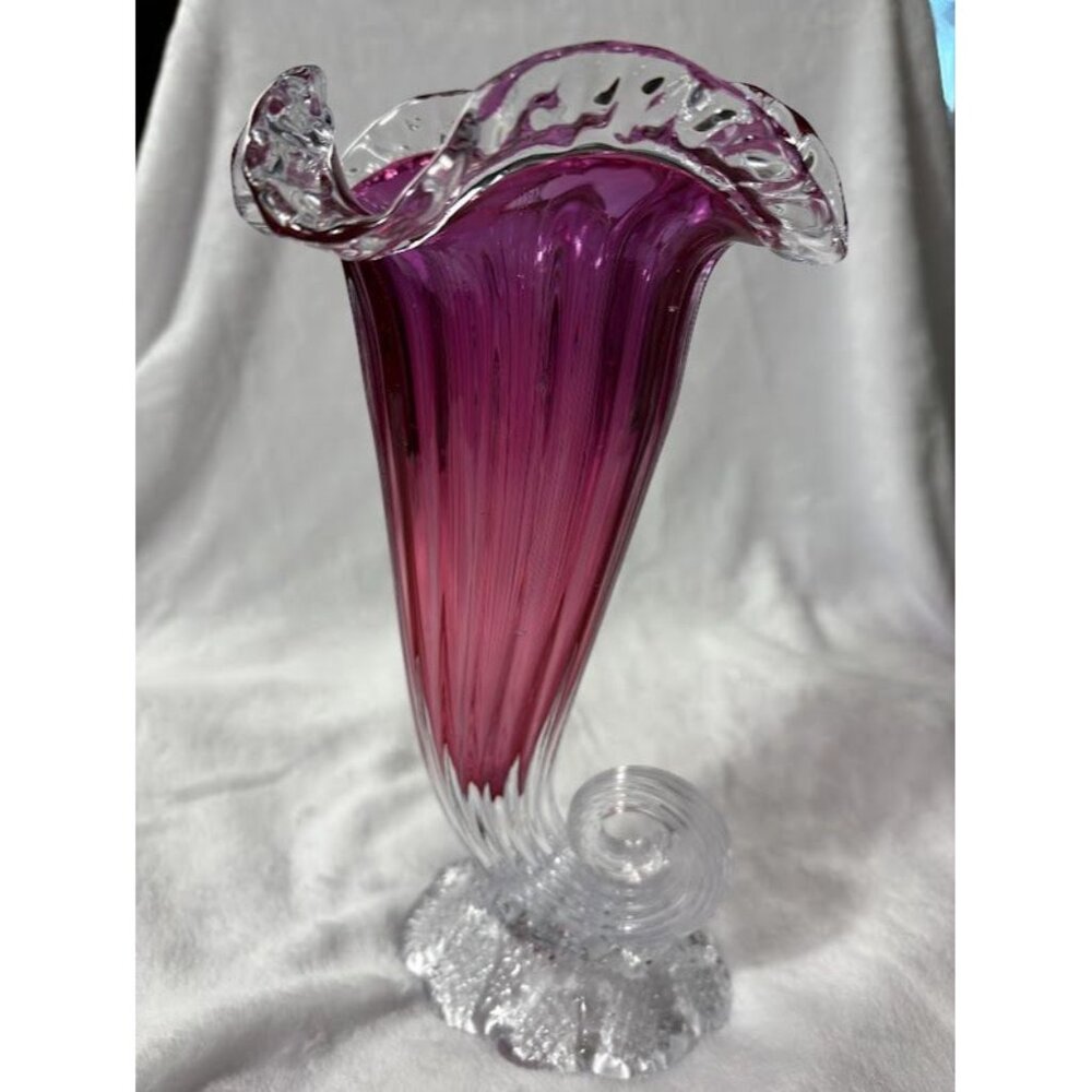 Vintage Handblown Cranberry Glass Cornucopia Vase with Ruffled Edge